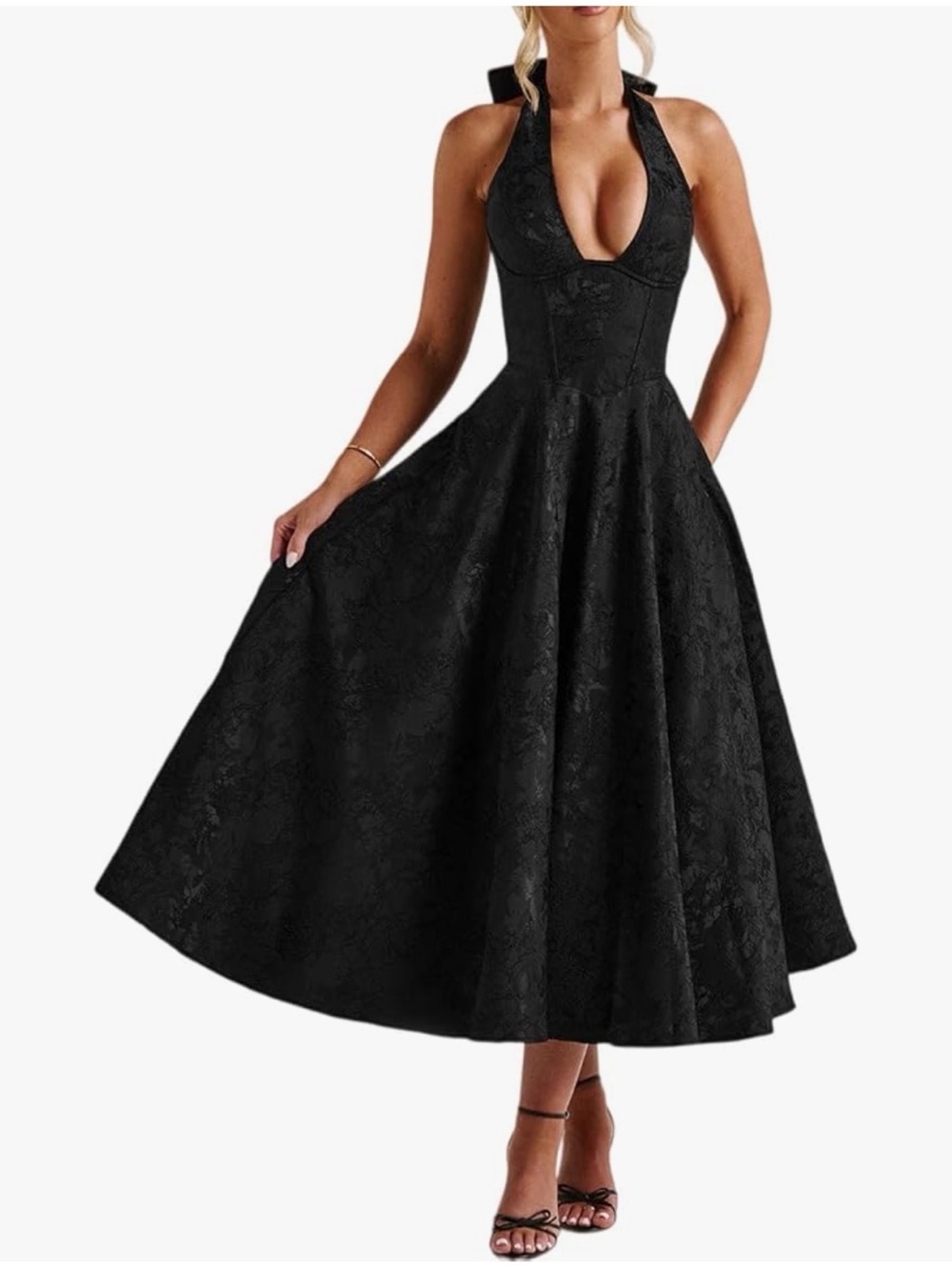 Black Halter Fit-and-Flare Midi Dress